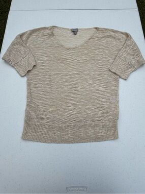 Vanity Cream Open-Knit V-Neck Short Sleeve Sweater